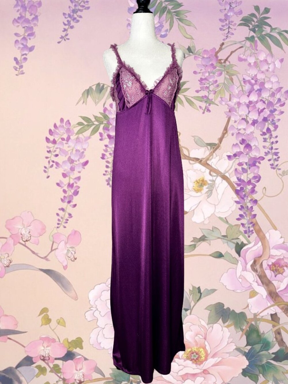 🪻 Vintage 70s 80s Purple Satin Maxi Slip Dress Boudoir Nightgown